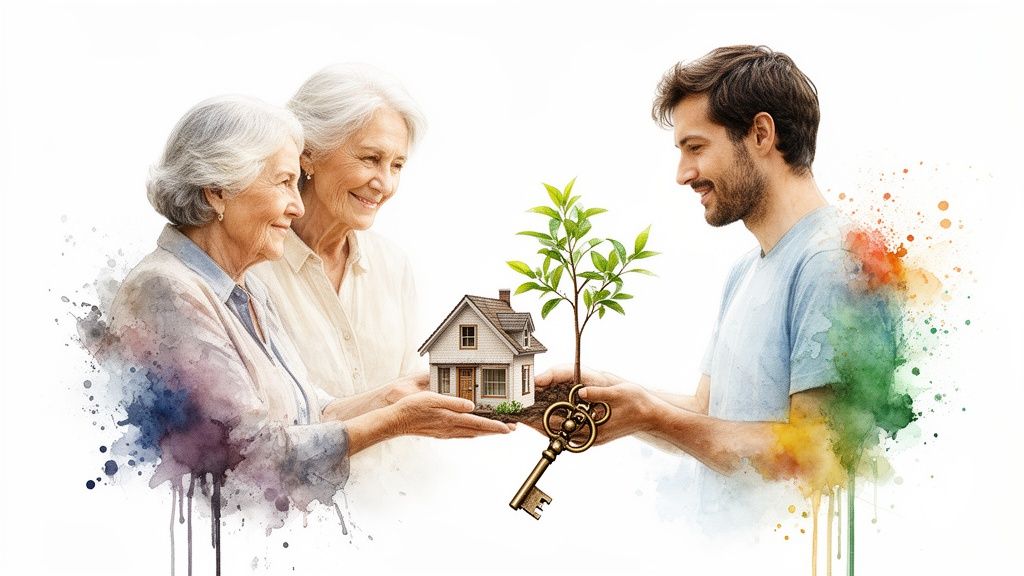 Generations exchanging house, tree, and key, symbolizing growth, home, and legacy.