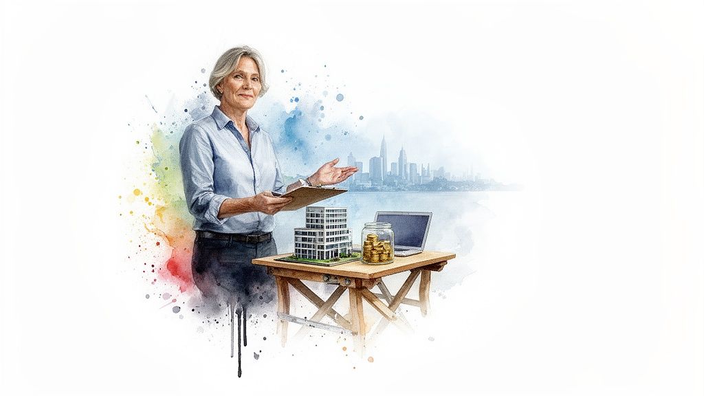 A mature woman presents real estate investment options with a building model, money, and laptop.