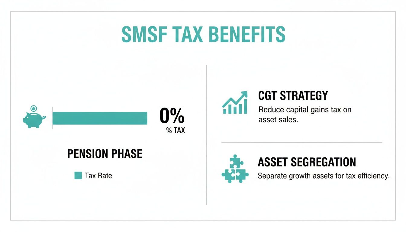 An infographic detailing SMSF tax benefits, showing 0% tax in pension phase, CGT strategy, and asset segregation.
