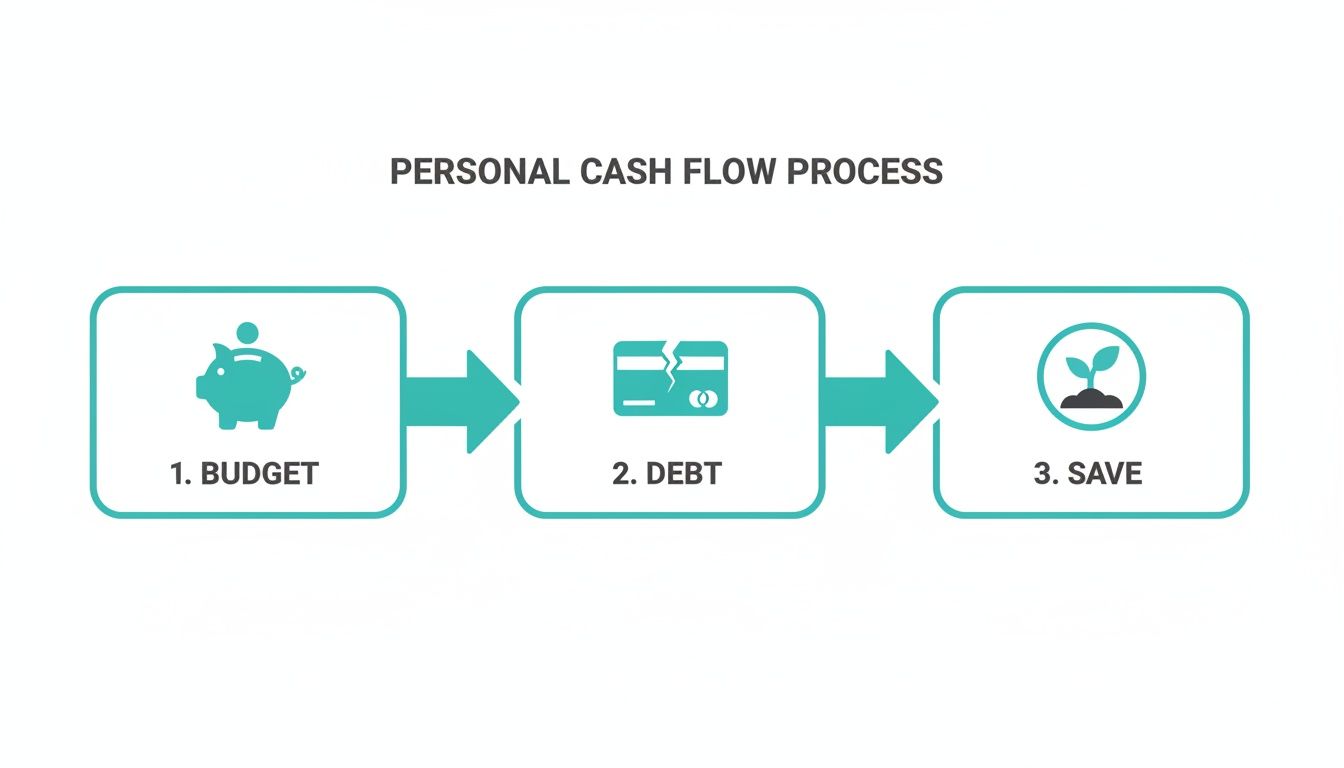An infographic illustrating the personal cash flow process, including budgeting, managing debt, and saving money.