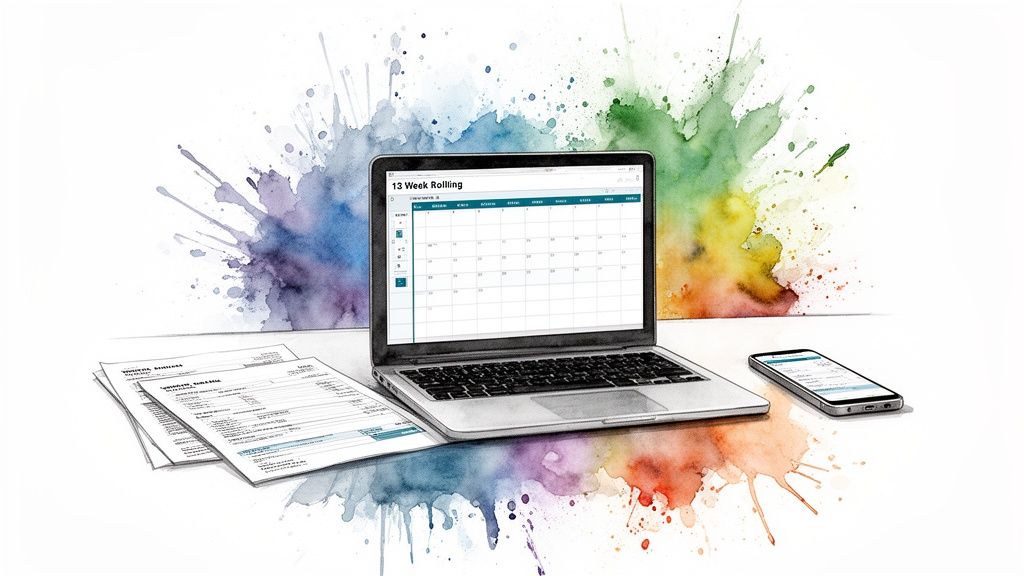 A laptop displaying a '13 Week Rolling' schedule, a smartphone, and documents on a white surface with colorful watercolor splashes.