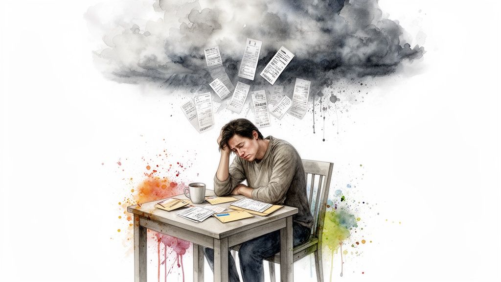 Watercolor illustration of a stressed man overwhelmed by falling bills and financial worries.