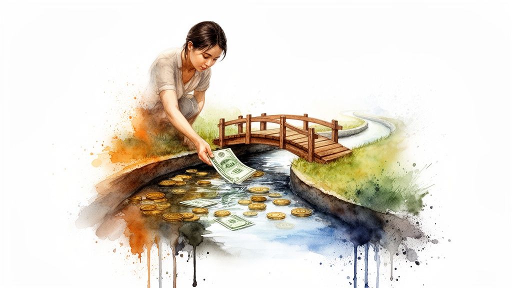 A woman places a dollar bill into a stream with floating coins and bills, under a wooden bridge.