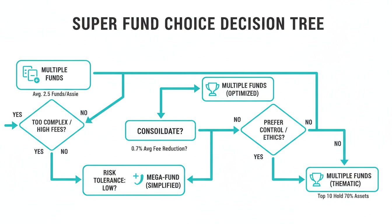 Flowchart illustrating a super fund choice decision tree based on complexity, fees, risk, and ethics.