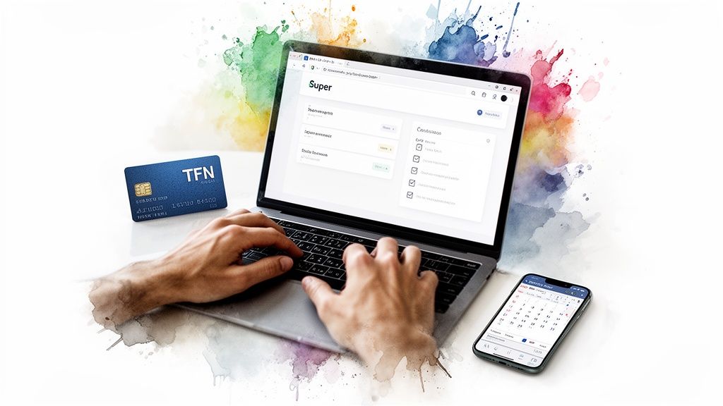 Hands typing on a laptop with a superannuation website, credit card, and calendar phone.