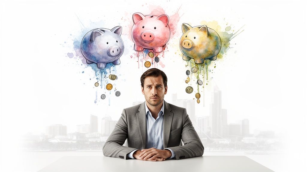 A concerned man sits at a desk as coins fall from three colorful watercolor piggy banks above him.