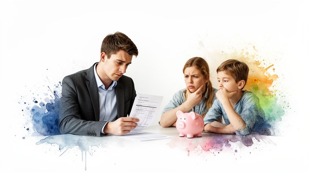 A concerned family, a man, woman, and child, review financial documents with a piggy bank.