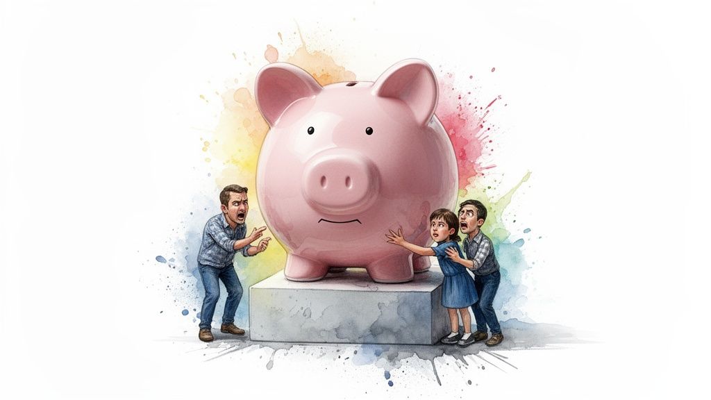 A distressed family, two adults and a child, stand around a large pink piggy bank, looking worried.