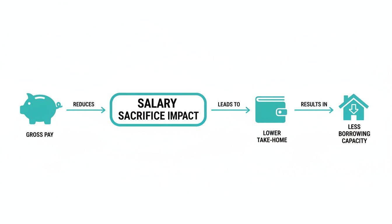 A flowchart showing how salary sacrifice reduces gross pay, leading to lower take-home pay and less borrowing capacity.
