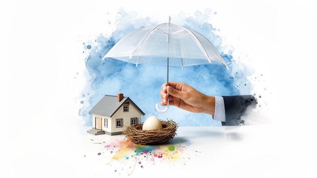 A hand holds a clear umbrella over a house model and a nest with an egg, symbolizing protection.