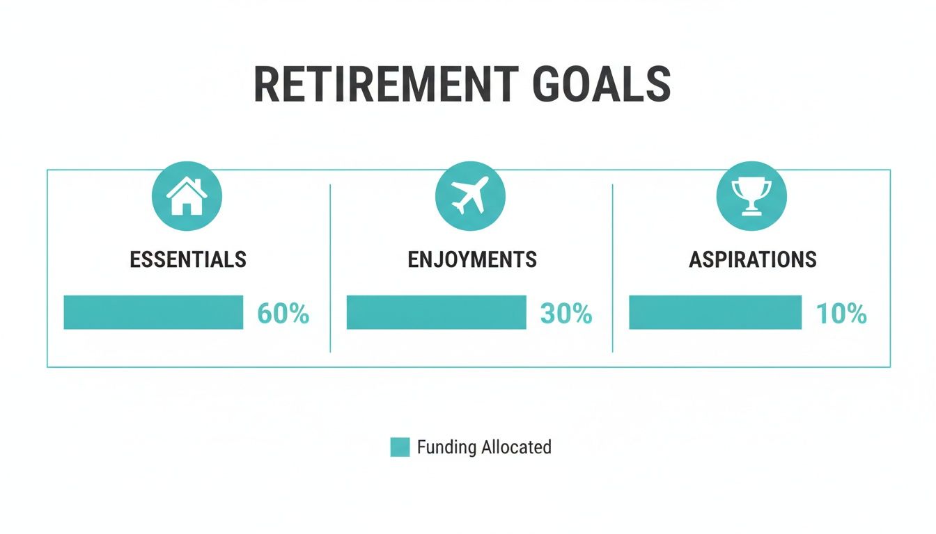 A bar chart illustrating retirement goals: 60% for essentials, 30% for enjoyments, and 10% for aspirations.