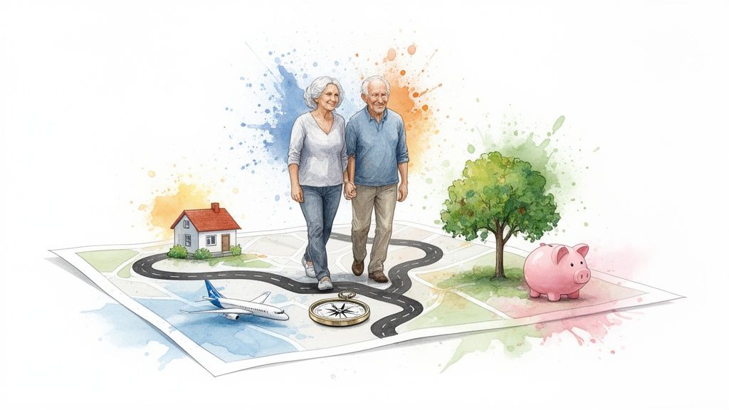 Senior couple walking on a map with symbols of retirement goals: home, travel, savings.