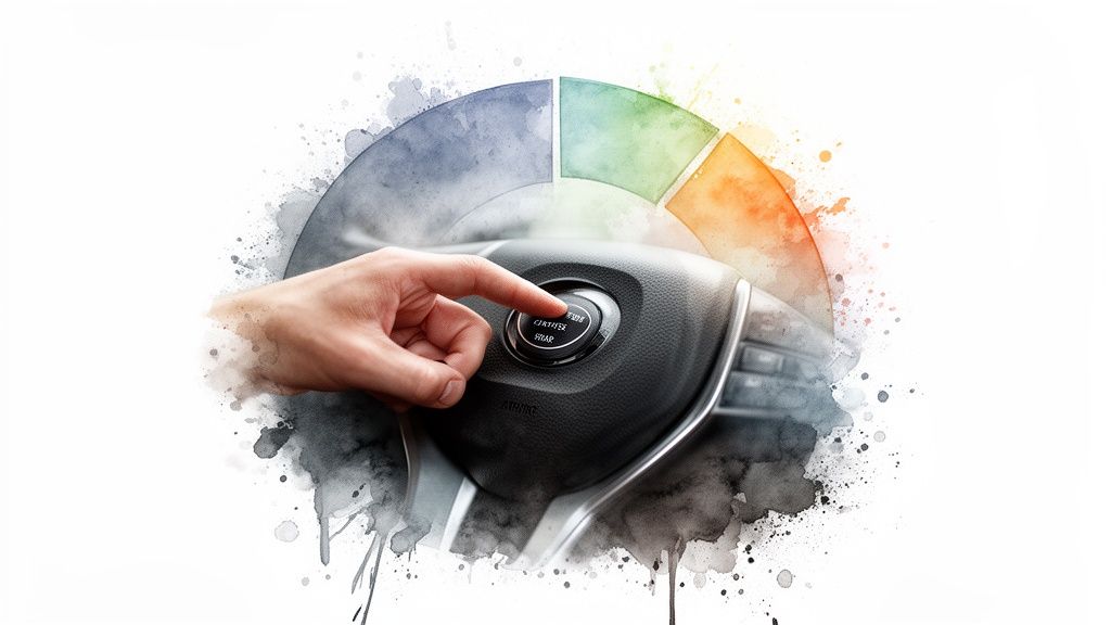 A hand presses the start/stop button on a car steering wheel, with a watercolor pie chart.