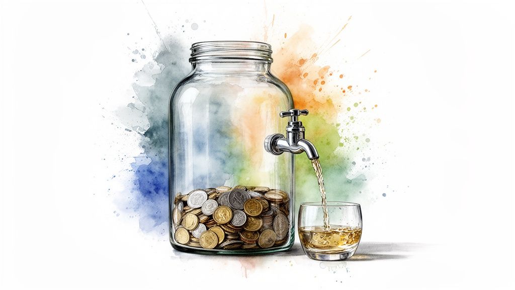 A transparent jar filled with coins, with a tap dispensing liquid into a small glass.