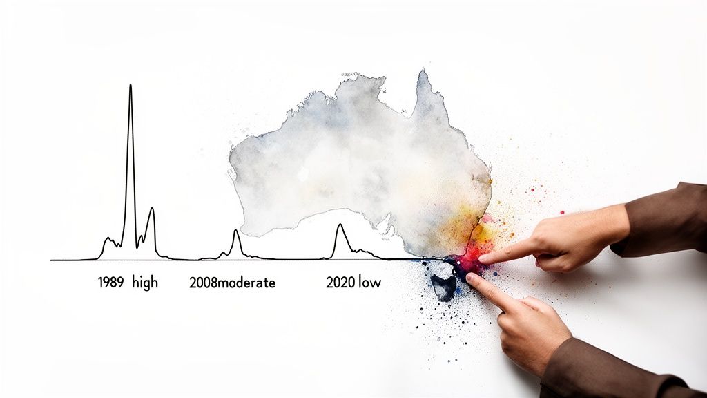 Graph showing data trends over years, a watercolor Australia map, and hands pointing to paint splatters.