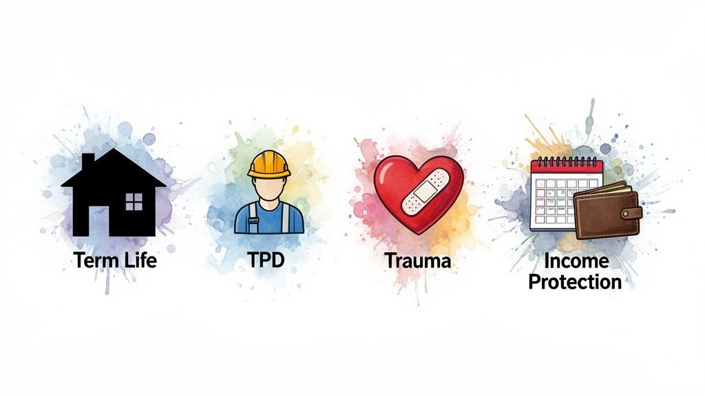 Illustrations of Term Life, TPD, Trauma, and Income Protection insurance options with relevant icons.