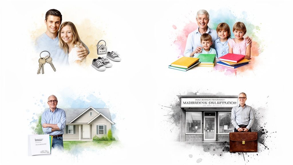Four watercolor-style vignettes depict diverse life stages: a young couple, a family with children, a homeowner, and a business owner.