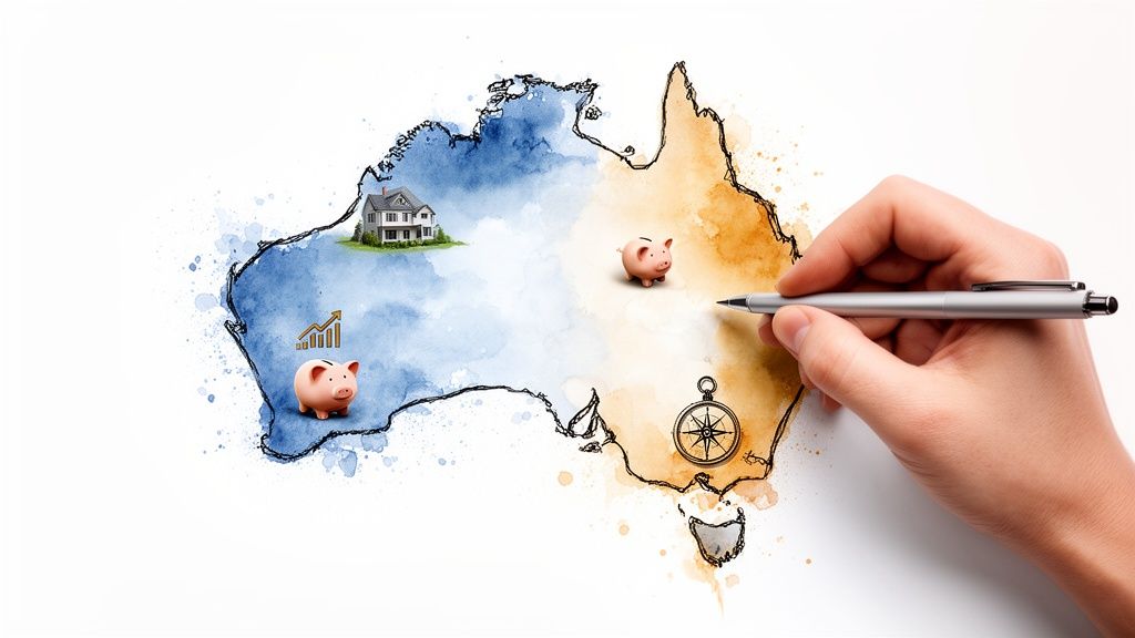 A hand draws a watercolor map of Australia with piggy banks, a house, and financial symbols.