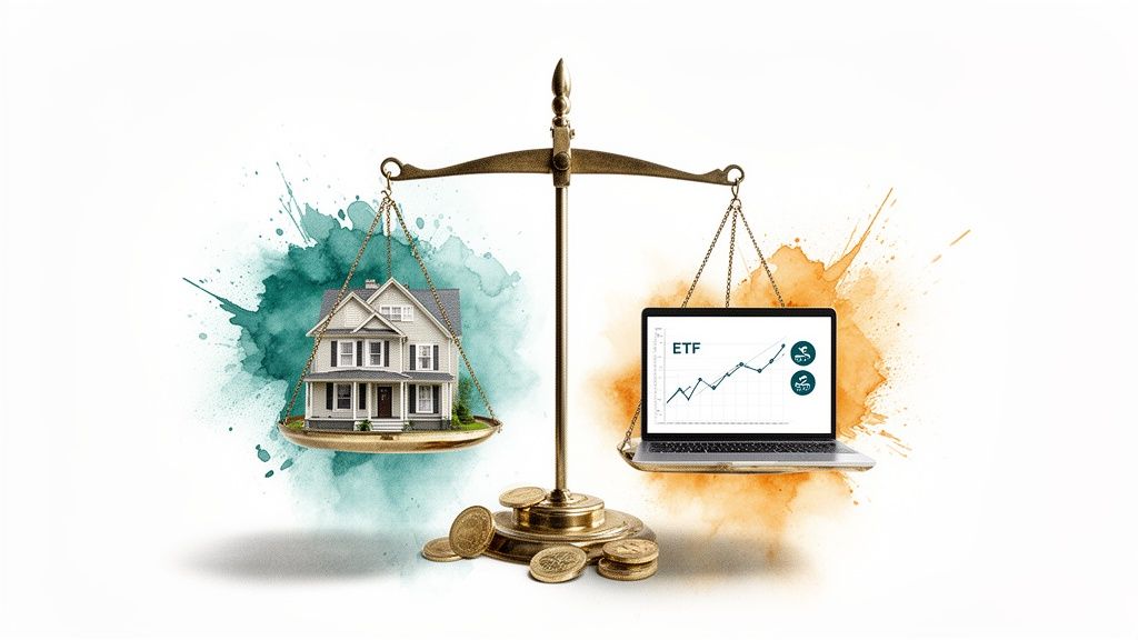 A scale balances a house and a laptop displaying an ETF chart, representing investment choices.