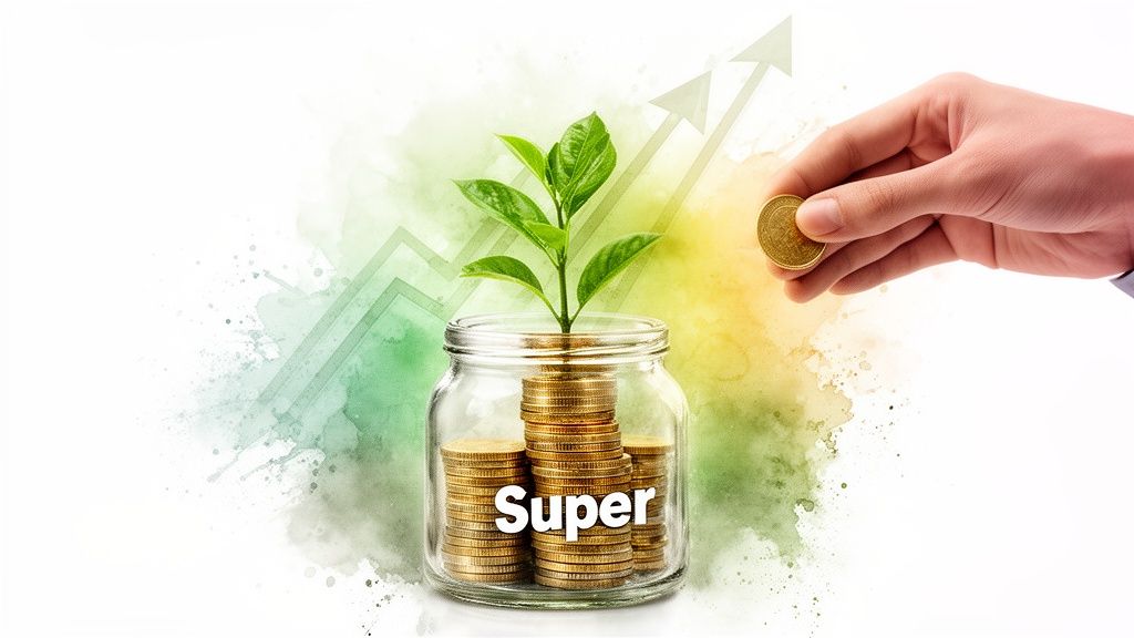 A hand puts a gold coin into a glass jar with 'Super' on it, symbolizing financial growth and superannuation.