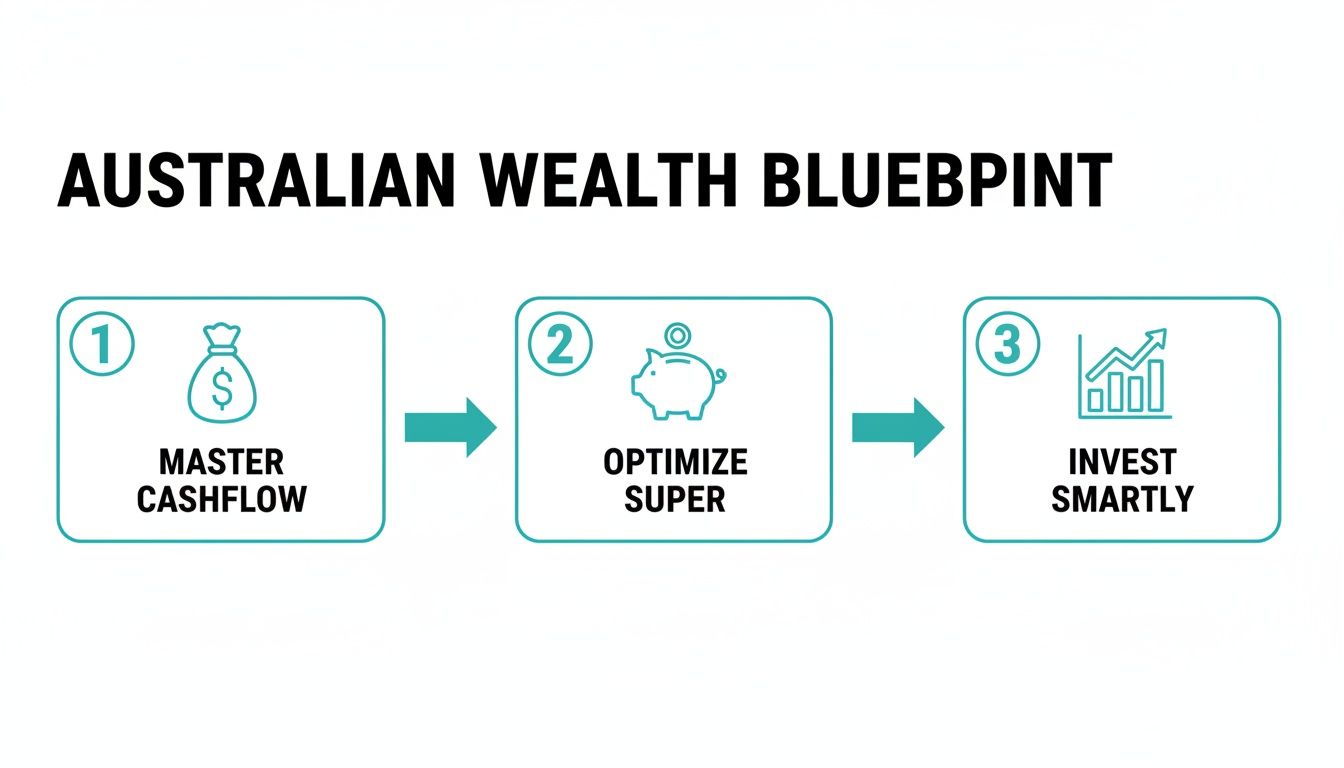 Diagram showing the Australian Wealth Blueprint with three steps: Master Cashflow, Optimize Super, Invest Smartly.