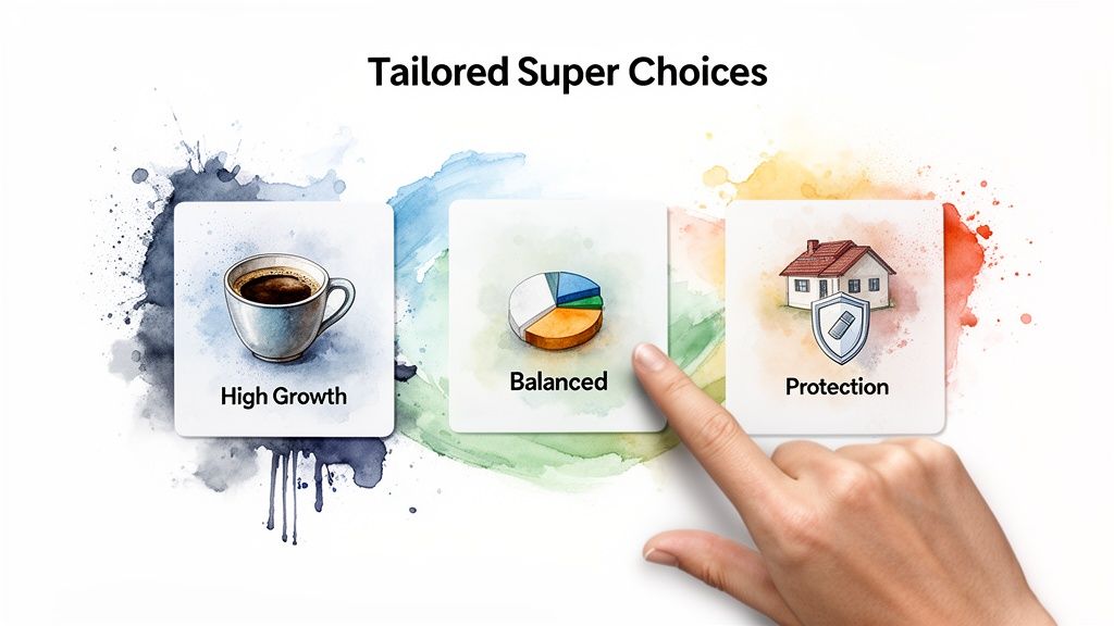 Three cards illustrate superannuation choices: High Growth (coffee), Balanced (pie chart), and Protection (house/shield), with a hand pointing.