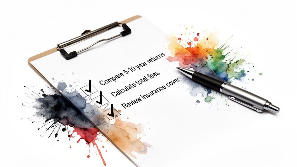 A clipboard with a completed financial checklist, including comparing returns, calculating fees, and reviewing insurance, next to a pen and colorful watercolor splatters.