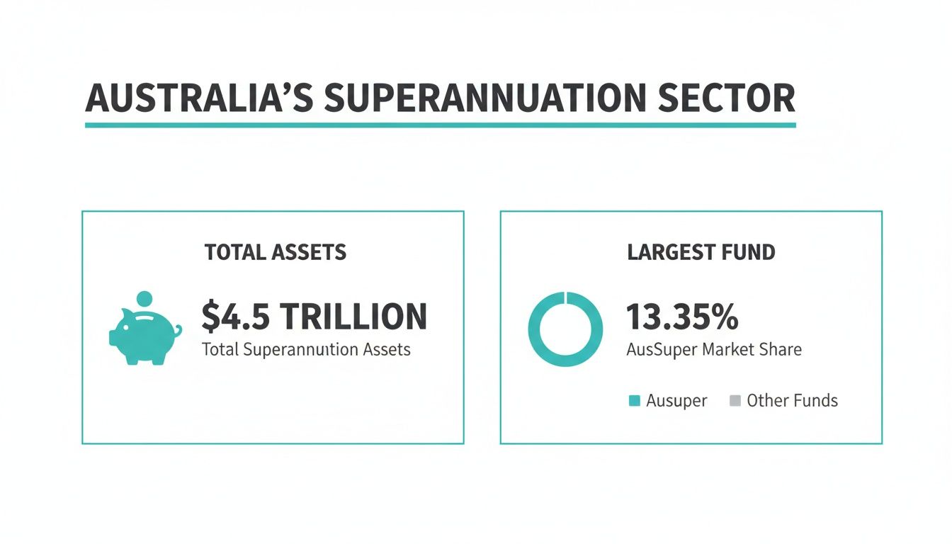 Infographic detailing Australia's superannuation sector, including total assets and largest fund market share.