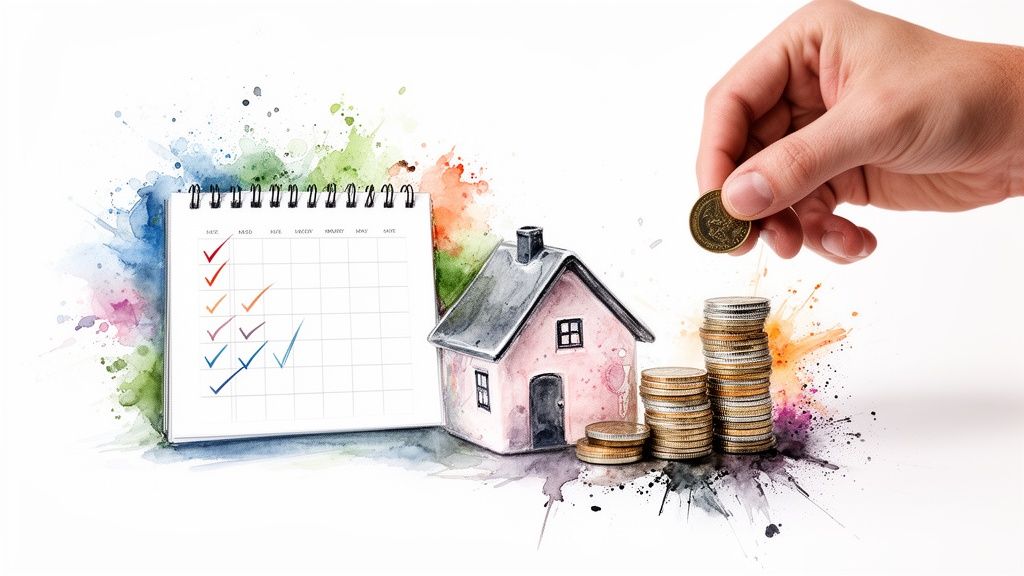 A hand drops a coin onto stacks of money next to a house model and a calendar, symbolizing mortgage payment and financial planning.