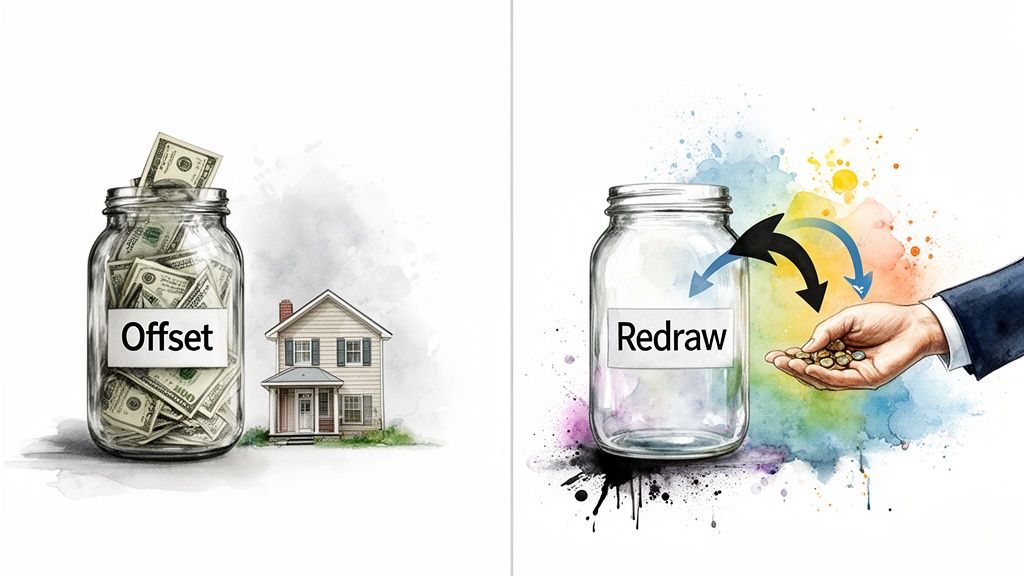 Visual explanation of mortgage options: a jar full of money labeled 'Offset' next to a house, and an empty 'Redraw' jar with money flowing to a hand.