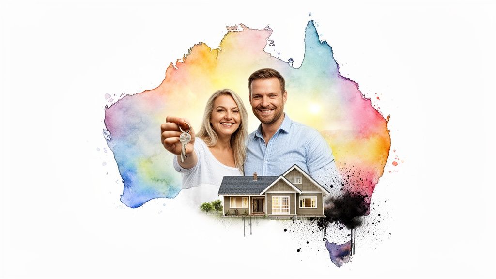 Happy couple holding house keys and standing with a model house on a colorful watercolor map of Australia.