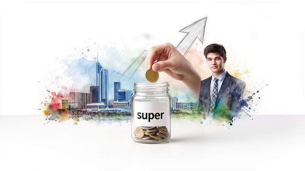 Hand drops coin into 'super' jar, symbolizing retirement savings growth with city skyline and young man.