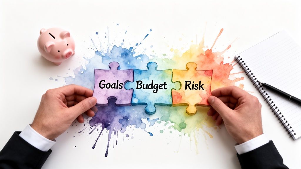 Hands connect puzzle pieces labeled 'Goals,' 'Budget,' and 'Risk' for financial planning with a piggy bank.