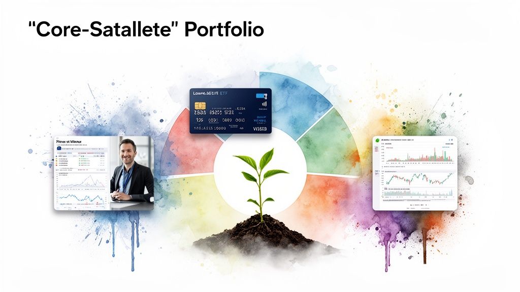 A visual representation of a 'Core-Satellite' investment portfolio with growth, financial charts, and an ETF card.