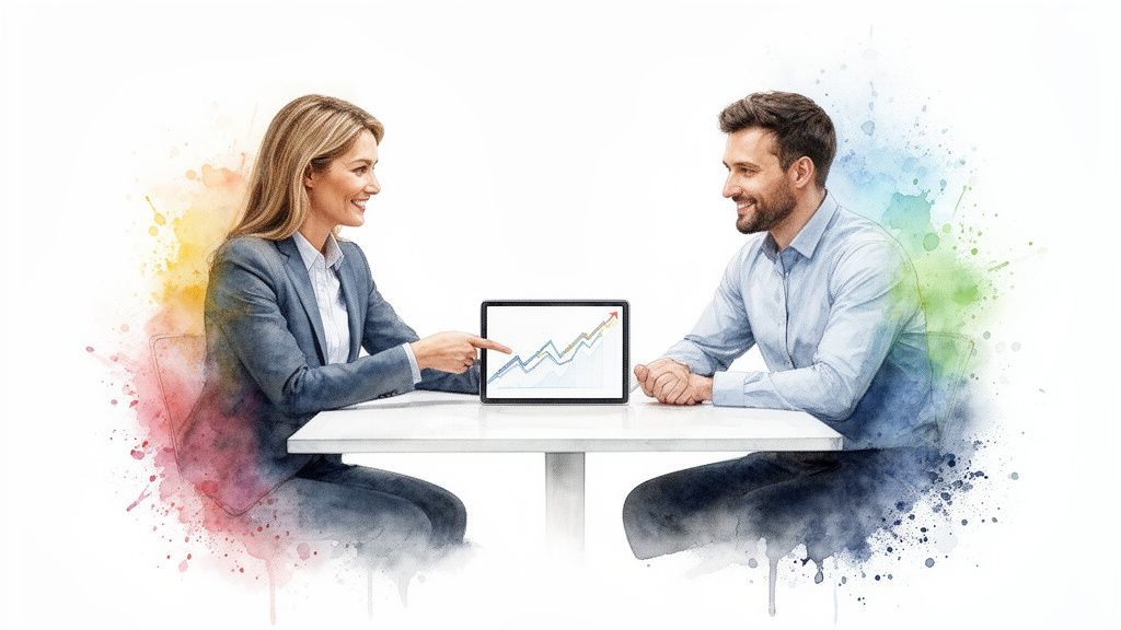 Two smiling business people discussing a growth chart on a tablet, illustrating successful strategy.