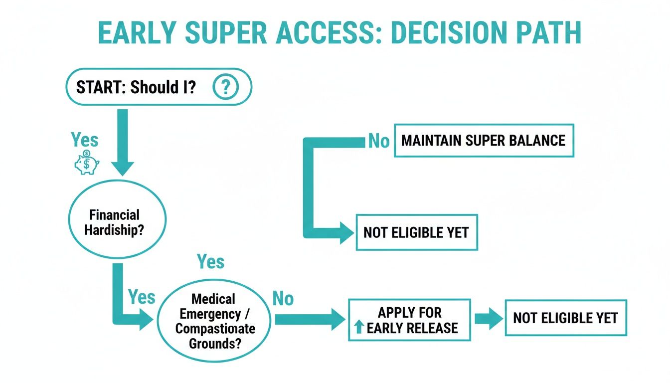Flowchart illustrating the decision path for early super access based on financial hardship or medical grounds.