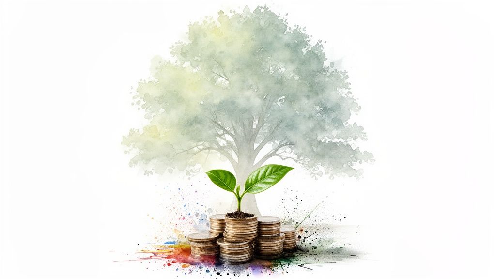 A small green plant sprouts from stacked coins, with a watercolor tree in the background, symbolizing financial growth.