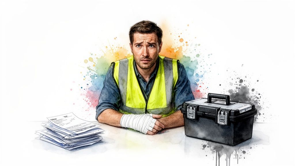 A worried construction worker with a bandaged hand sits at a desk with papers and a toolbox.