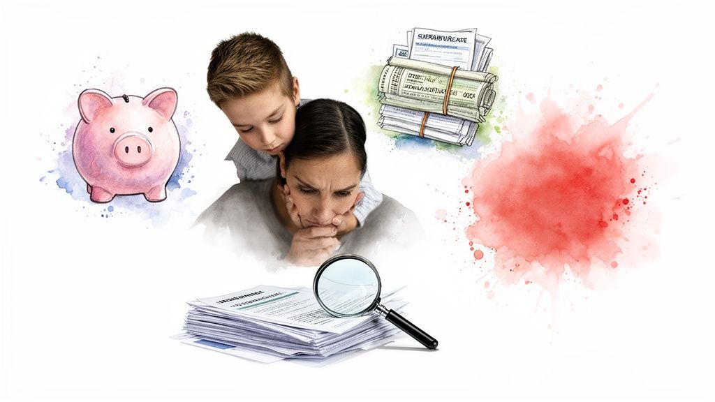A worried mother and child with financial graphics illustrating money, bills, a piggy bank, and stress.
