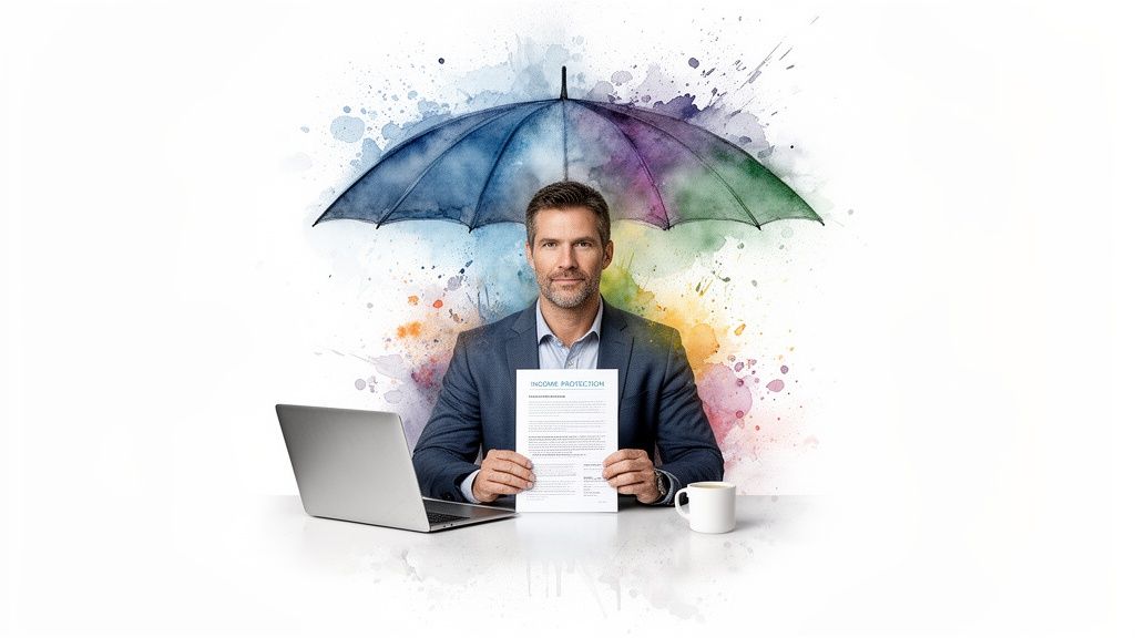 Man in a suit holding an 'INCOME PROTECTION' document, sitting at a desk with a laptop and coffee, under a colorful umbrella.