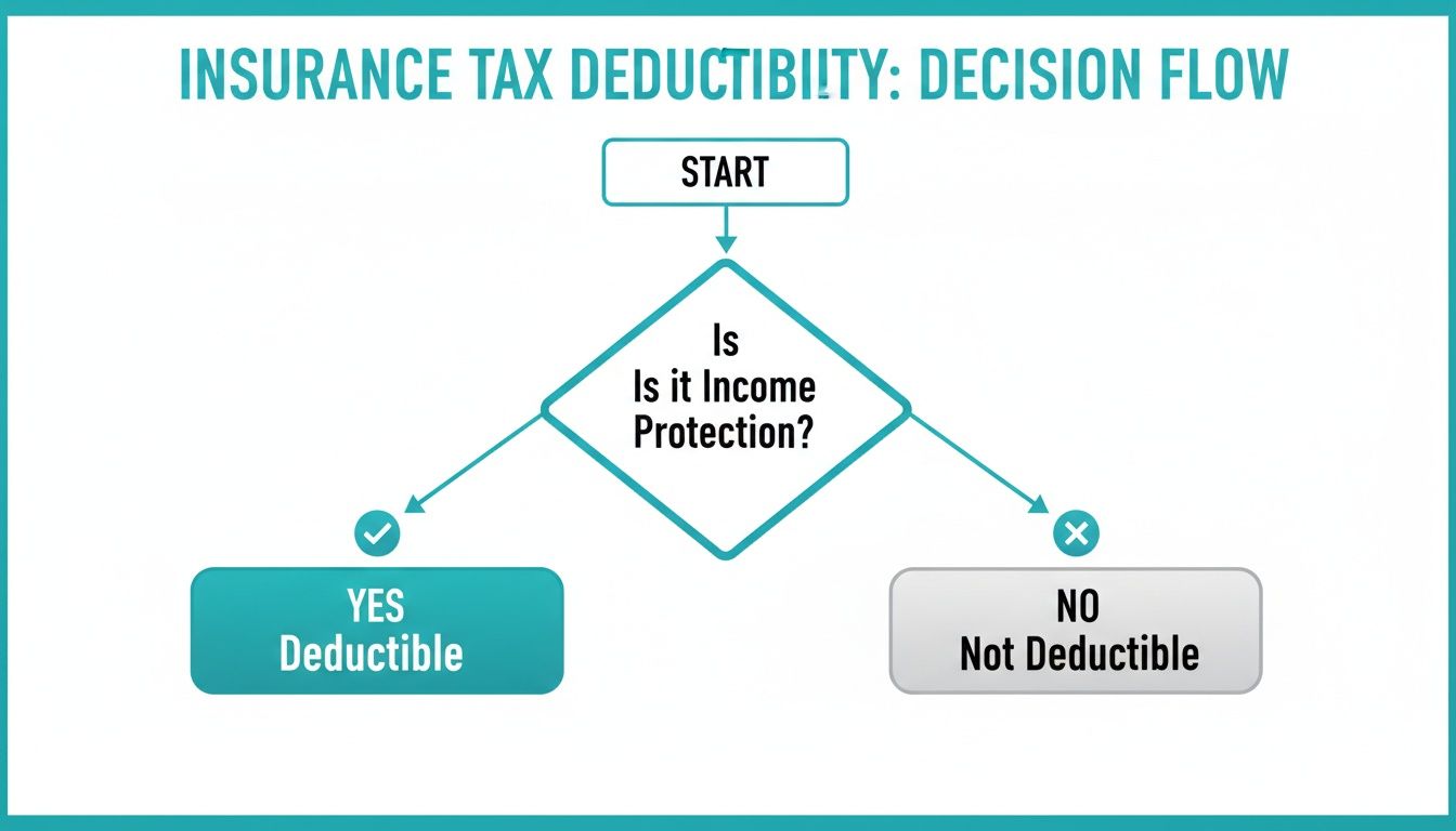 Flowchart illustrating insurance tax deductibility: Income protection is deductible, other insurance is not.