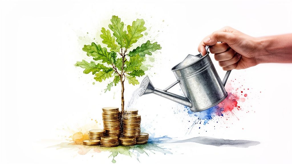 A hand waters a growing tree rooted in gold coins, symbolizing long-term financial growth and investment.