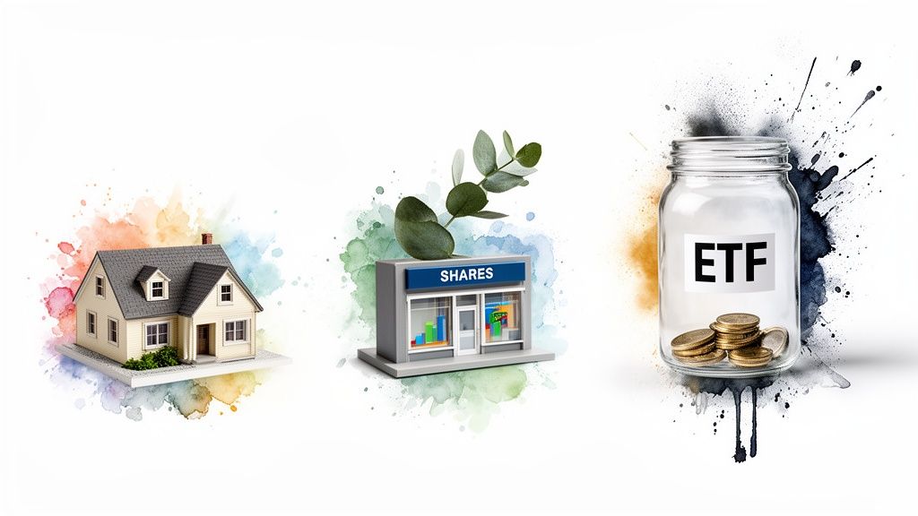 Three investment options: a miniature house, a building for shares, and an ETF jar with coins.
