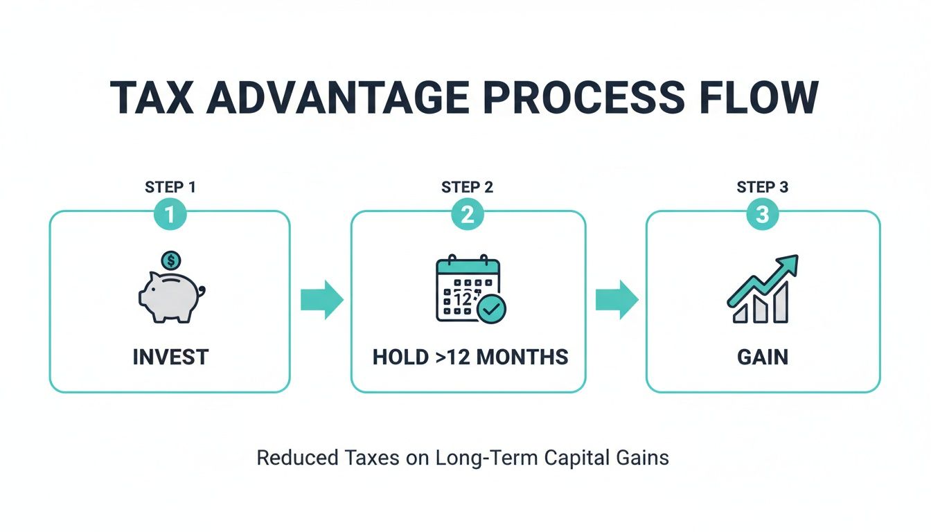 Flowchart illustrating the tax advantage process: invest, hold >12 months, and gain for reduced capital gains tax.