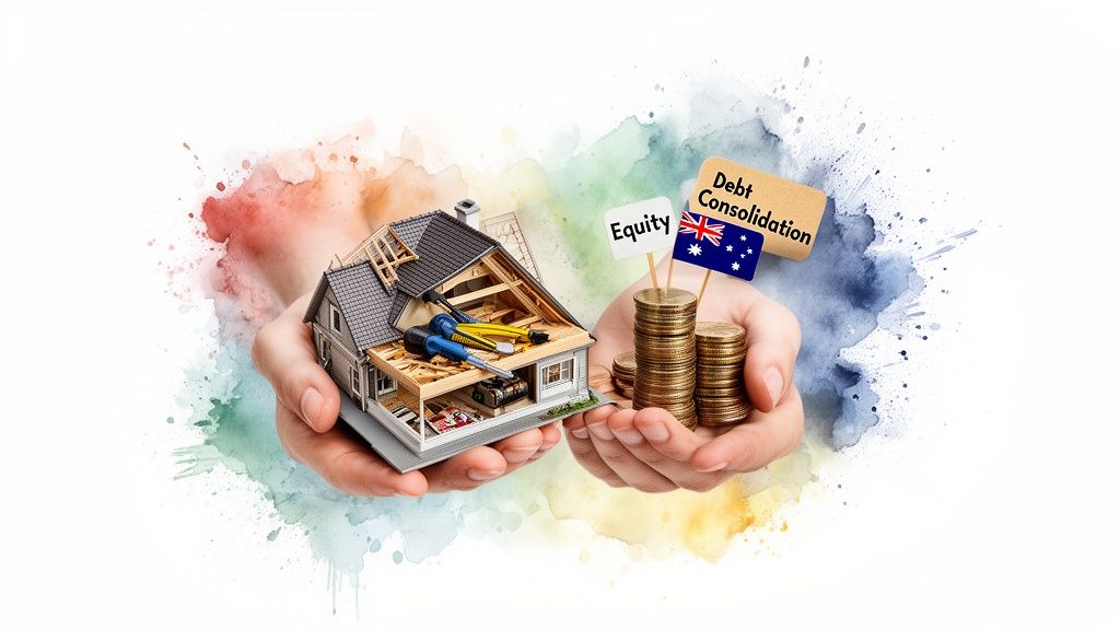 Hands hold a house model under construction and coins with 'Equity' and 'Debt Consolidation' signs, featuring an Australian flag, against a watercolor background.