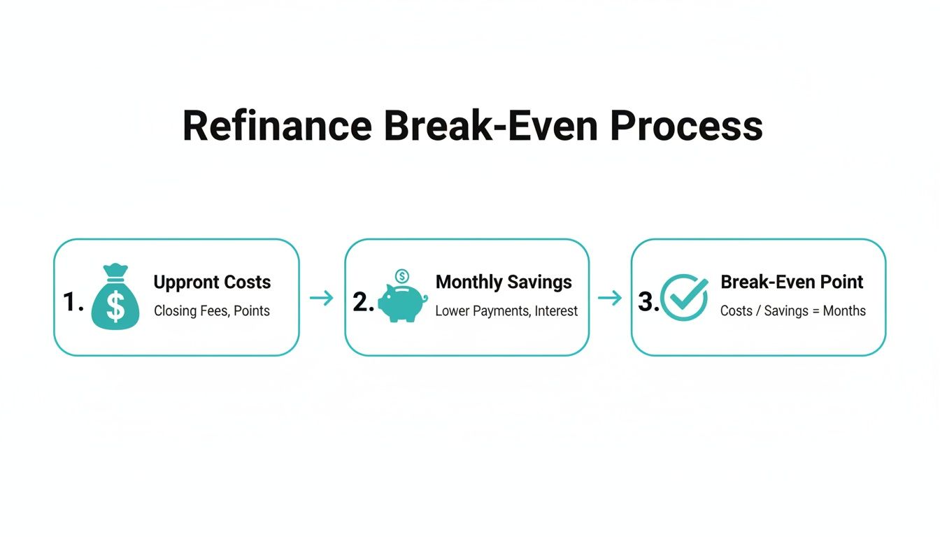 Flowchart illustrating the refinance break-even process: upfront costs, monthly savings, and calculating the break-even point.
