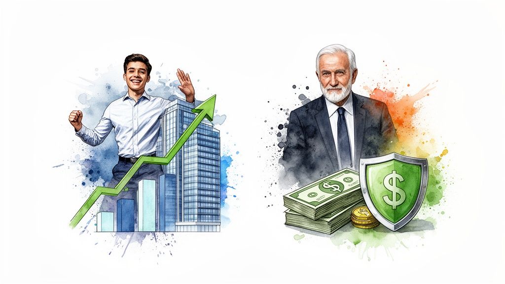 Illustrations showing a young man with financial growth and an older man with money and security.