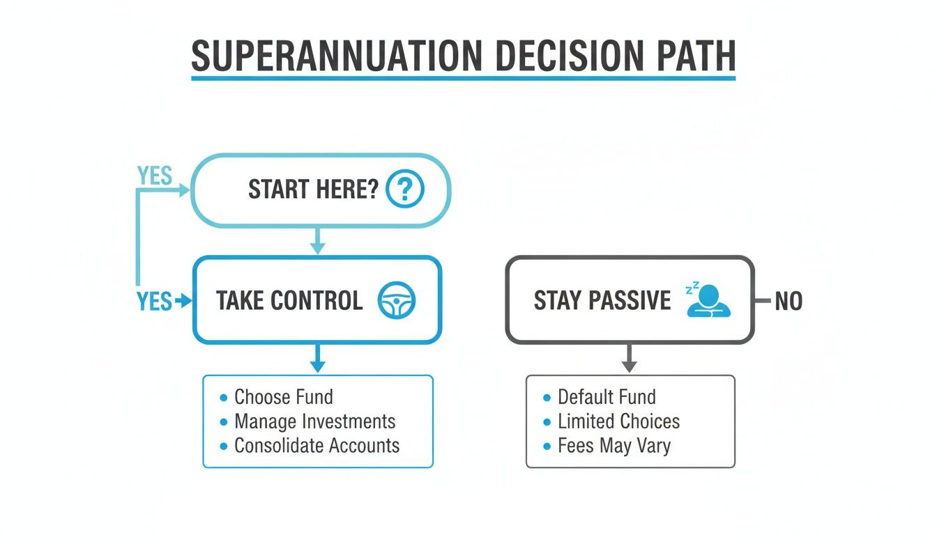 Flowchart illustrating superannuation decision paths: 'Start Here?', 'Take Control', or 'Stay Passive' options.