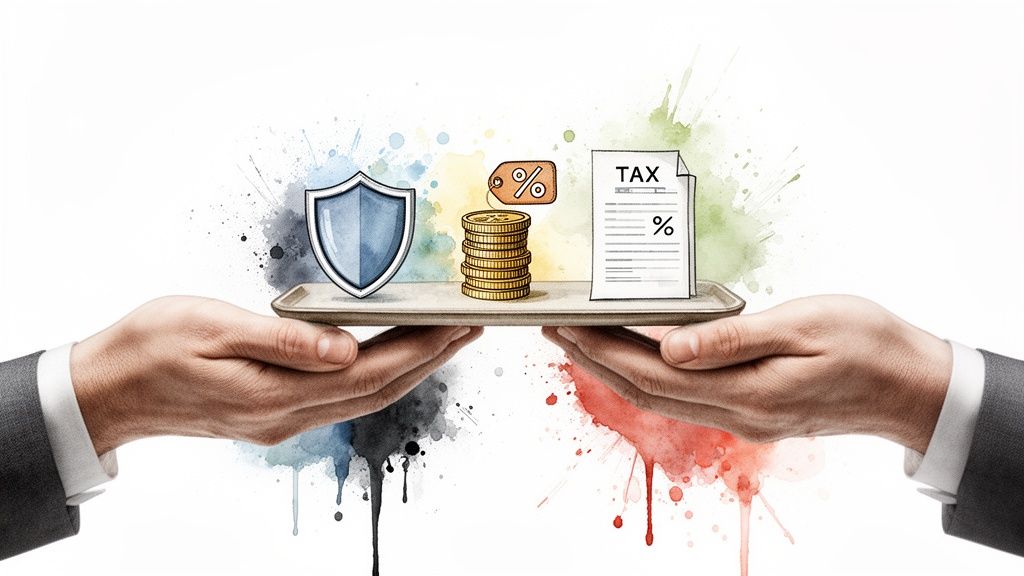 Hands hold a tray with a shield, coins, and tax documents, symbolizing financial protection and taxation.