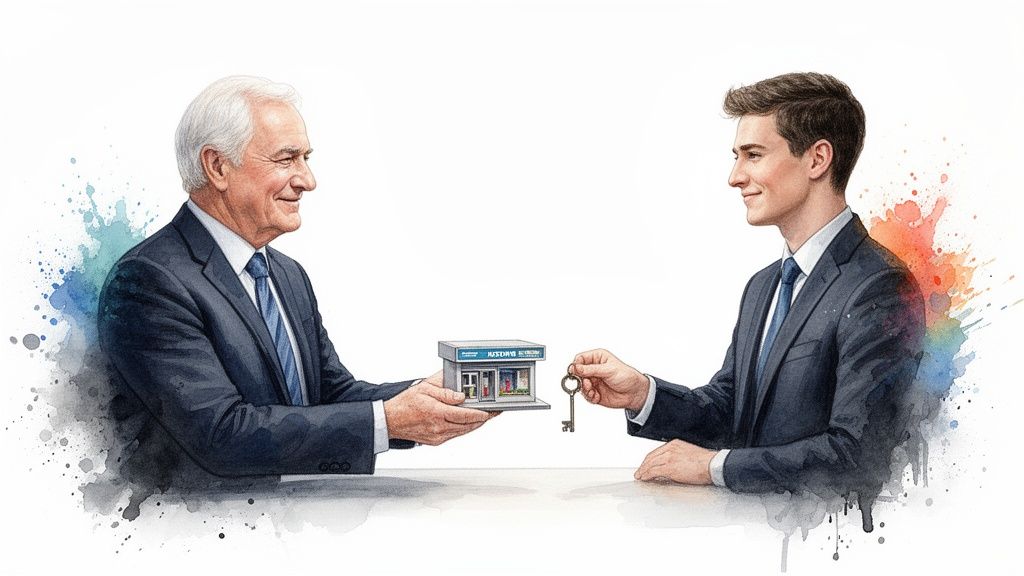 An older man hands a miniature building to a younger man holding a key, symbolizing business succession.